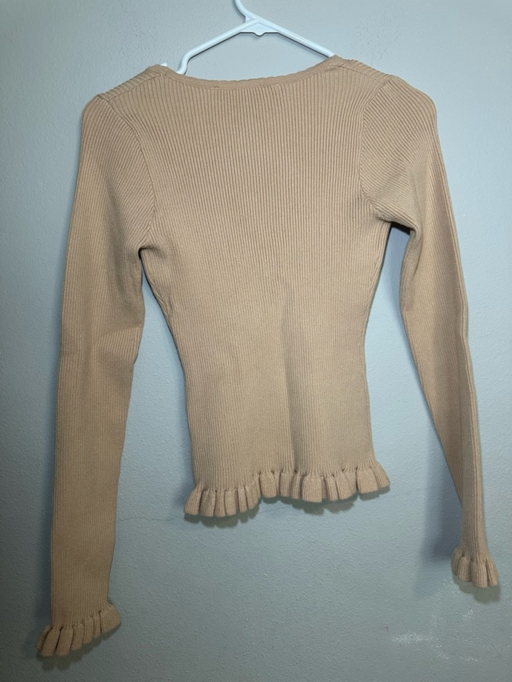 Altar'd State Tan Ribbed Button-Front Ruffle Hem Top - Picture 5 of 7
